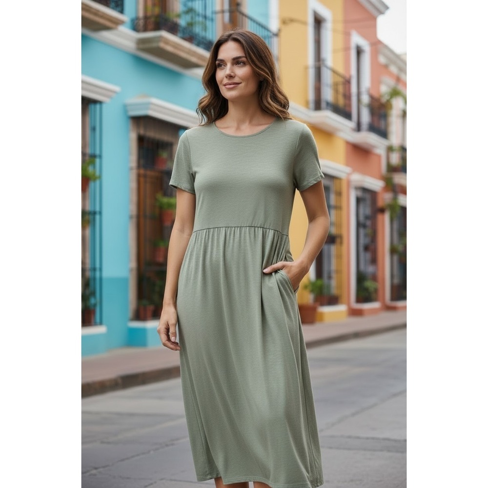 J Jill Green Cotton Short Sleeve Knit Maxi Long Dress Size Small Pockets Modest